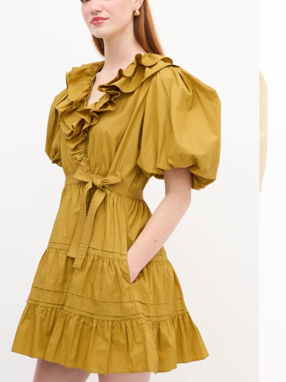 ULLA Johnson Dress Puff Sleeve Ruffle Mini Wrap Dress Mustard y yellow Tie front